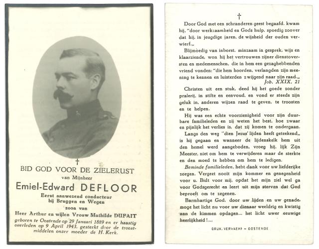 Bidprentje van Emiel-Edward Defloor (recto en verso), overleden op 9 april 1943 te Oostende