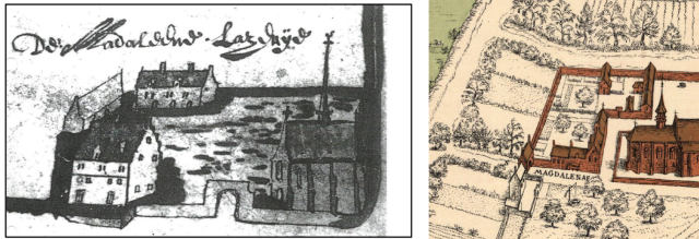 2 prenten van leprozerieën. Links een zwart-witprent van de Kortrijkse Magdalenaleprozerie. Rechts een prent van de Brugse Magdalenaleprozerie, waar leprozen individuele huisjes hadden.