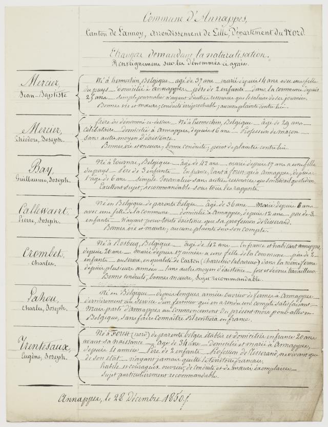 Naturalisatieaanvragen in Annappes, op 28 december 1850. Foto: Archives départementales du Nord, Lille – France /  FRAD059_M_495_9.