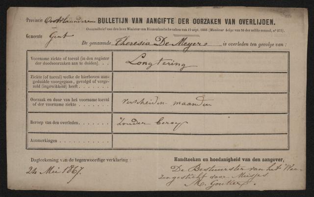 Het aangifteformulier van overlijden (ook wel 'vaststelling van overlijden genoemd') van Theresia De Meyer, zonder beroep, overleden te Gent aan longtering, 1867