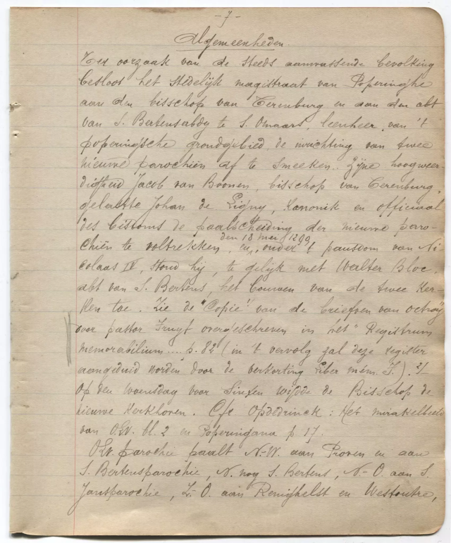 Een pagina uit het parochiememoriaal van de Onze-Lieve-Vrouwparochie te Poperinge, 1907. Bron: Stadsarchief Poperinge, Archief van de Onze-Lieve-Vrouwparochie te Poperinge, inventarisnummer onbekend. 