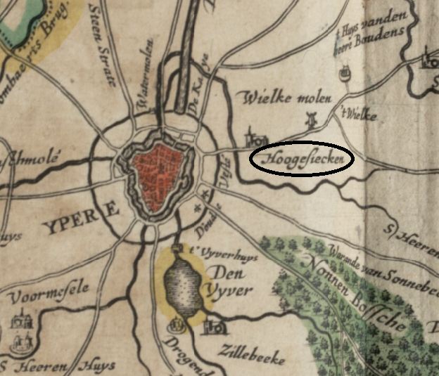 Kaart van Ieper, met rechts de Hoge Ziekenleprozerie aangeduid met een zwarte cirkel.