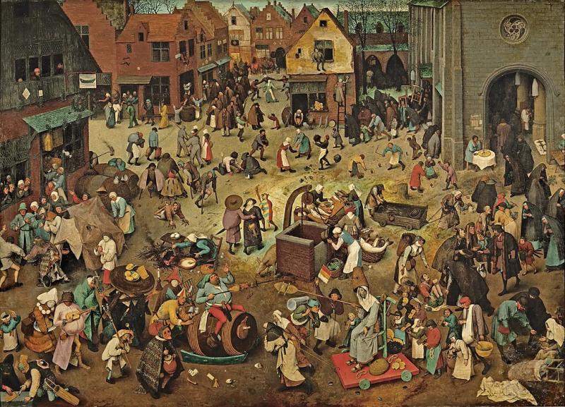 Schilderij "De strijd tussen Vasten en Vastenavond" van Pieter  Bruegel. Overal zijn mensen in de weer. Het is een alledaags tafereel met veel bruinen.
