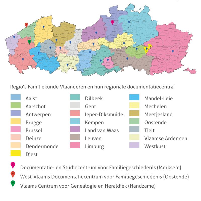 Kaart van Vlaanderen met de drie locaties van de hoofdcentra van Familiekunde Vlaanderen op aangeduid.