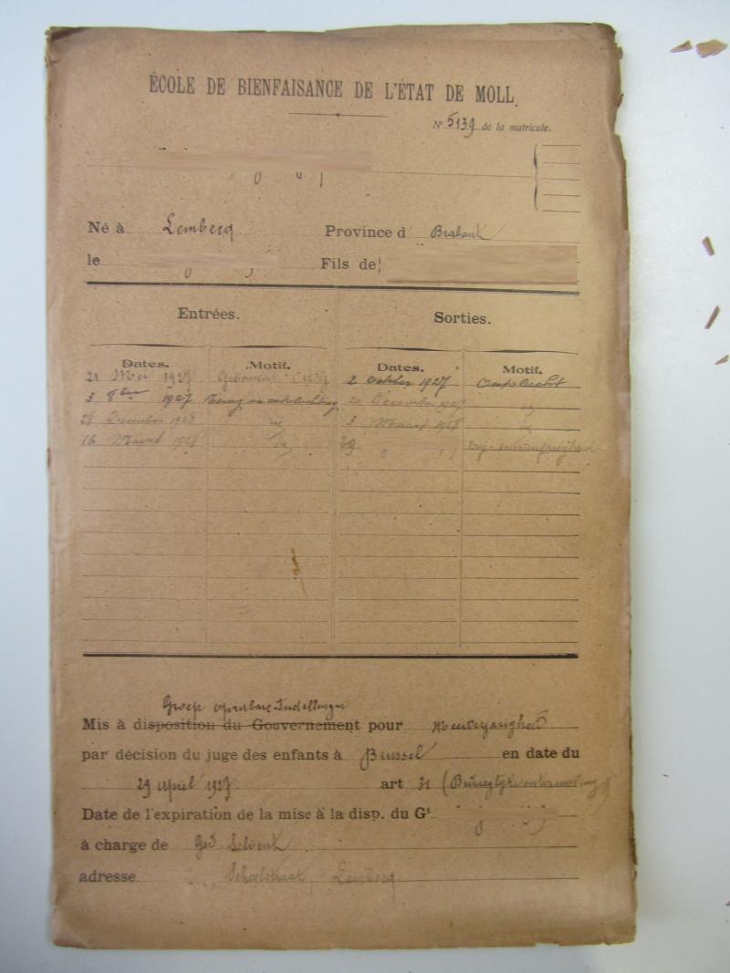 Voorbeeld van een opsluitingsdossier in het Rijksopvoedingsgesticht Mol.
