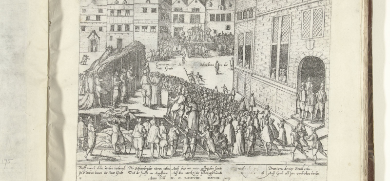Terechtstelling van monniken te Gent wegens sodomie, ets van Frans Hogenberg (1578)